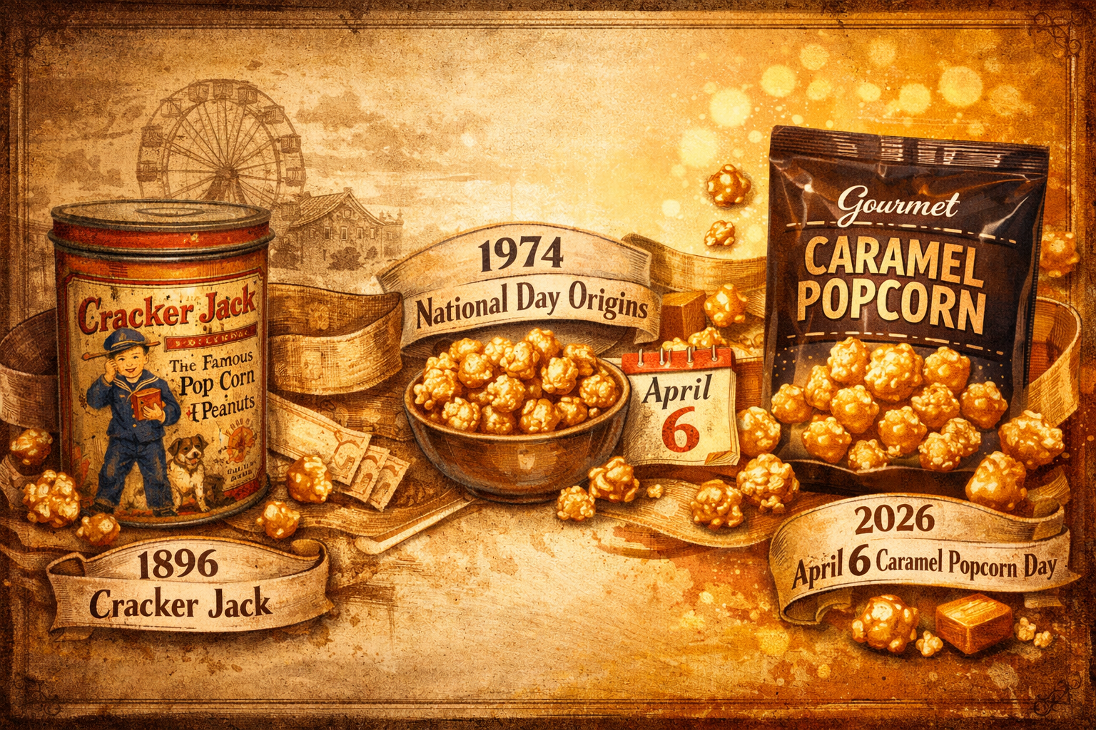 () editorial illustration showing the historical timeline of caramel popcorn in America — a vintage 1890s Cracker Jack tin