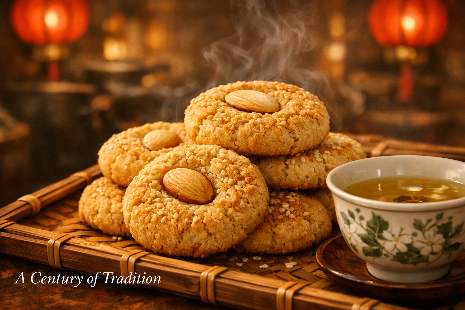 () editorial image showing a close-up side-angle view of freshly baked Chinese almond cookies stacked on a bamboo tray,
