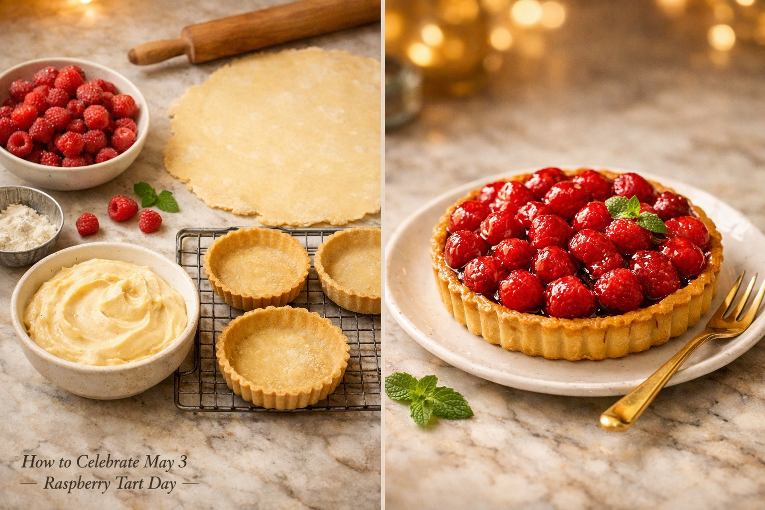 () editorial-style split composition showing left side a step-by-step tart-making process with rolled pastry dough, tart