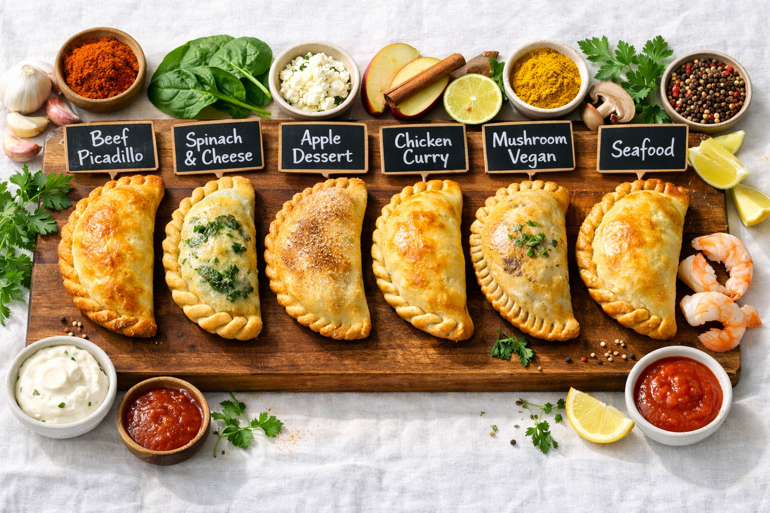 () overhead flat-lay food photography of a large wooden cutting board displaying six distinct empanada varieties side by
