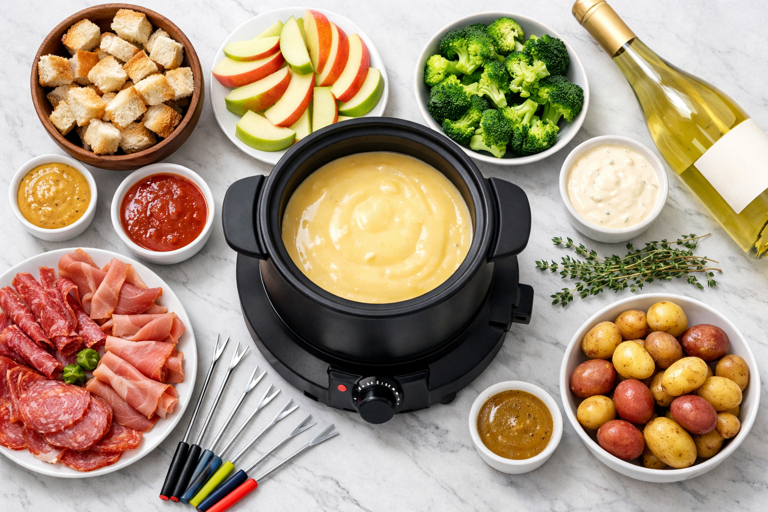 () overhead flat-lay photograph of a modern cheese fondue celebration setup on a white marble surface: a matte black