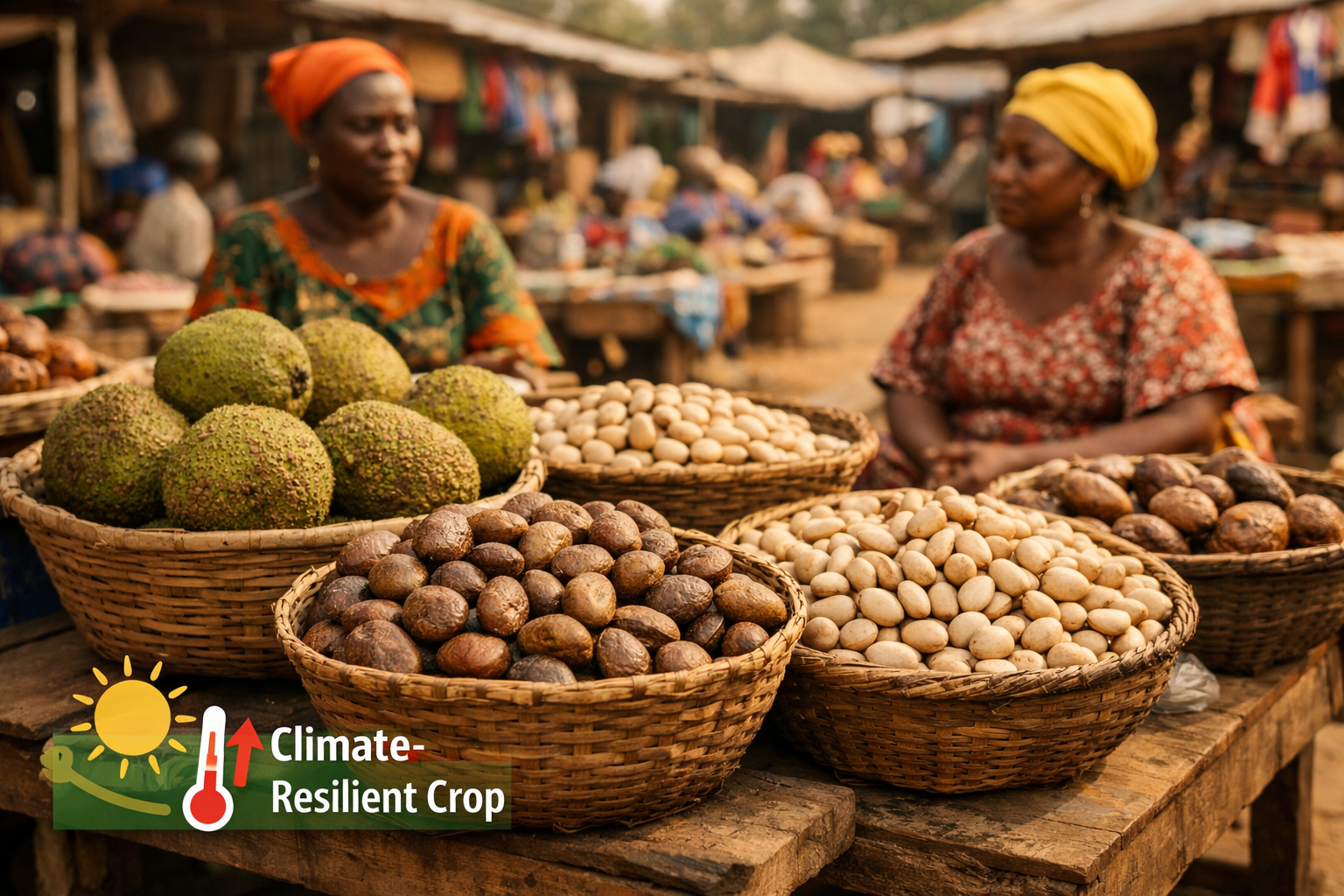 () photorealistic scene of a West African village market with women vendors selling African breadfruit seeds and whole pods