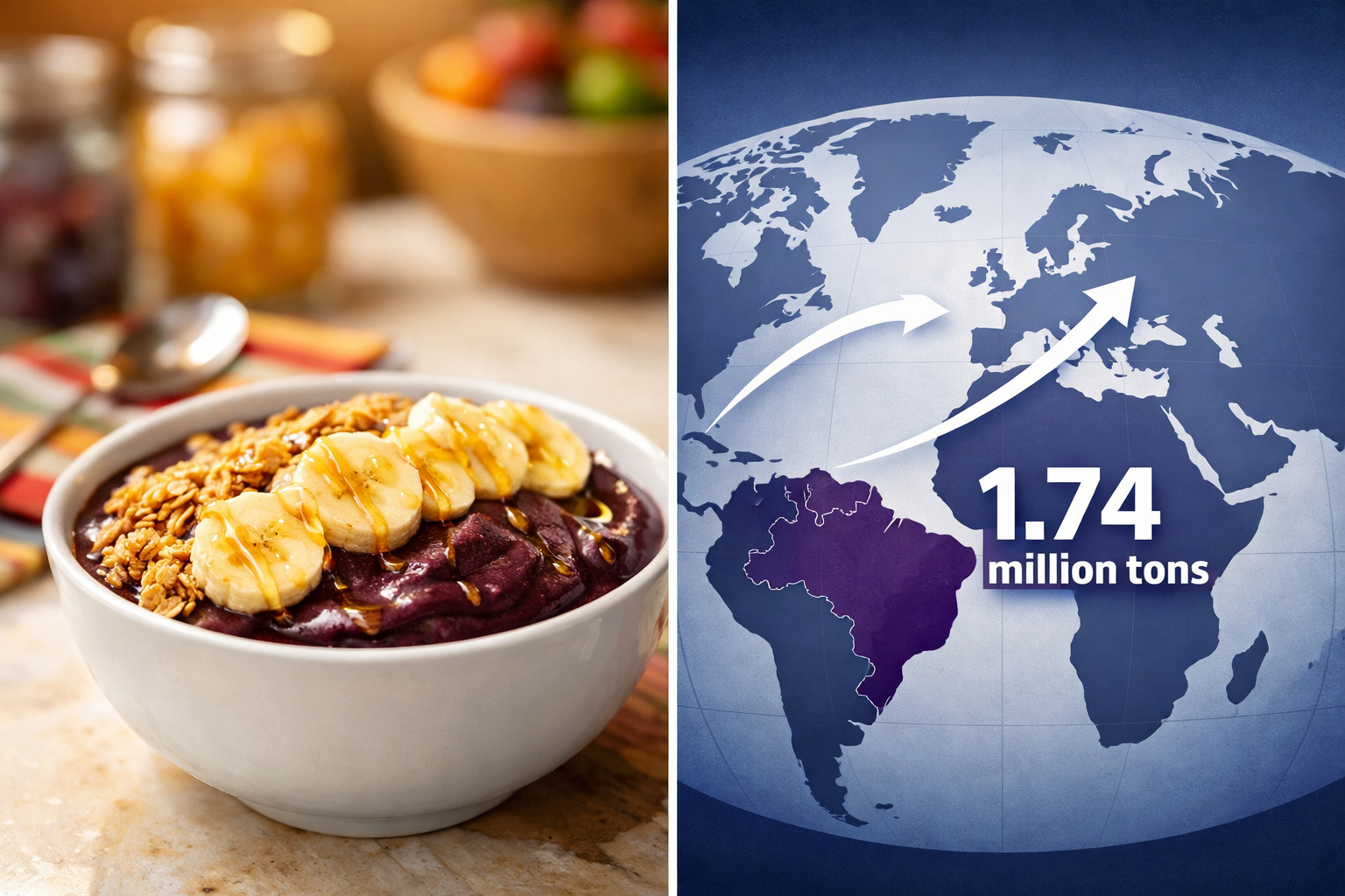 () split-scene image showing açaí market and commerce. Left side: a vibrant açaí bowl topped with granola, banana slices,
