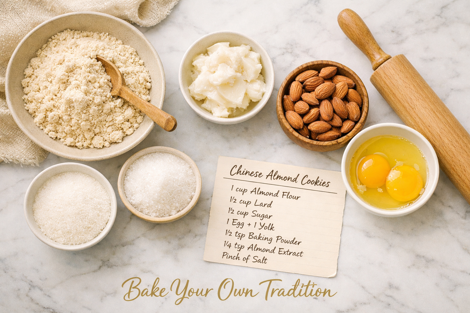 () step-by-step baking scene showing ingredients for Chinese almond cookies laid out on a white marble countertop: almond
