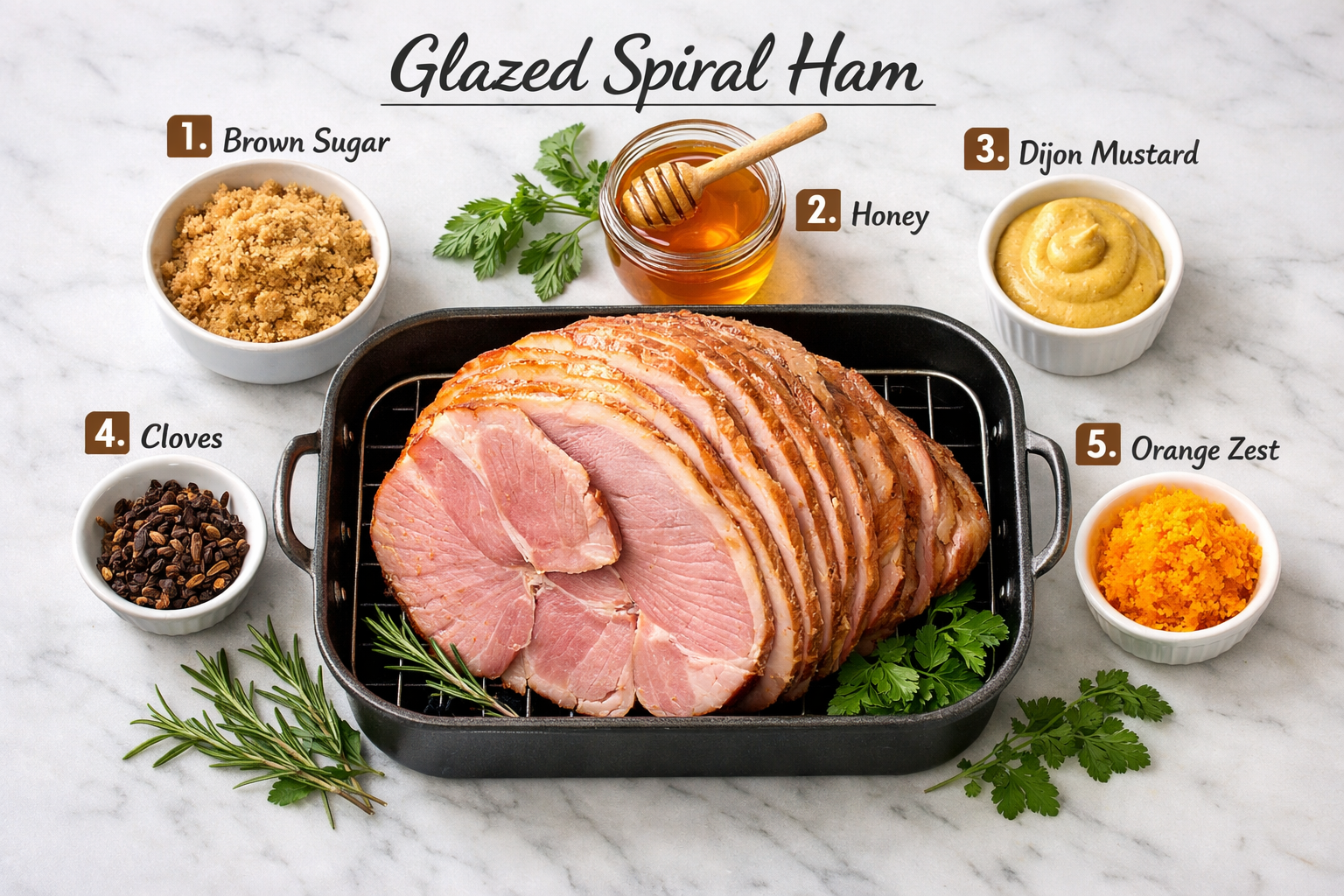 () step-by-step cooking guide visual for glazed spiral ham — a flat-lay overhead shot of a kitchen counter showing