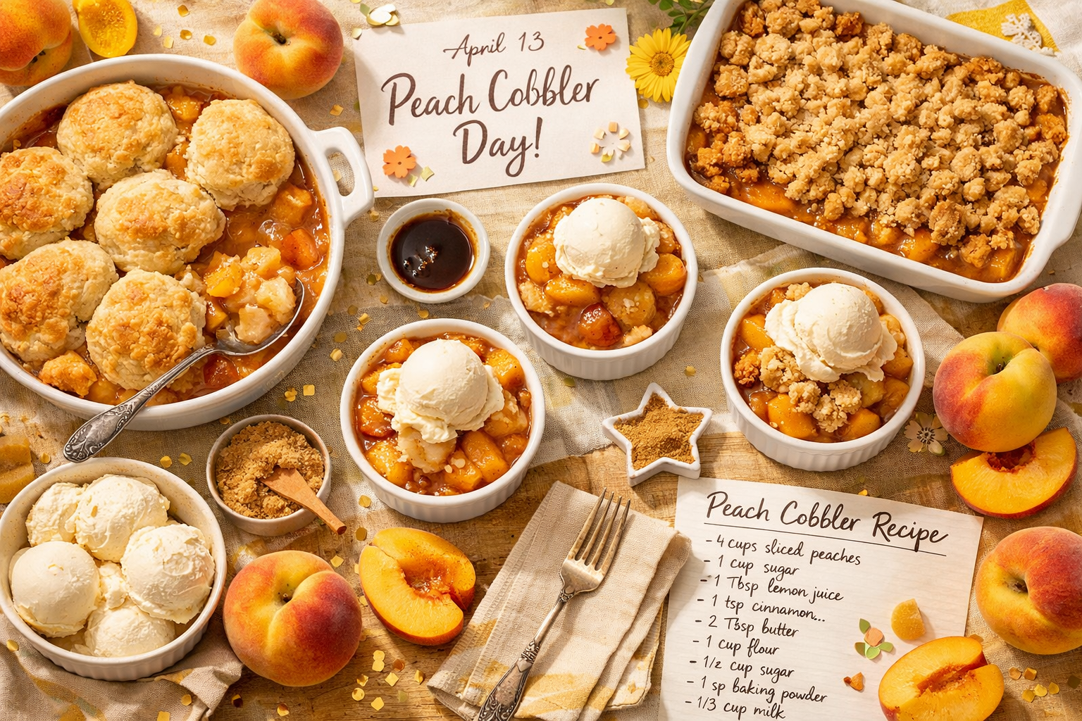 () vibrant celebration scene for April 13 Peach Cobbler Day — overhead flat-lay shot of a festive table spread featuring