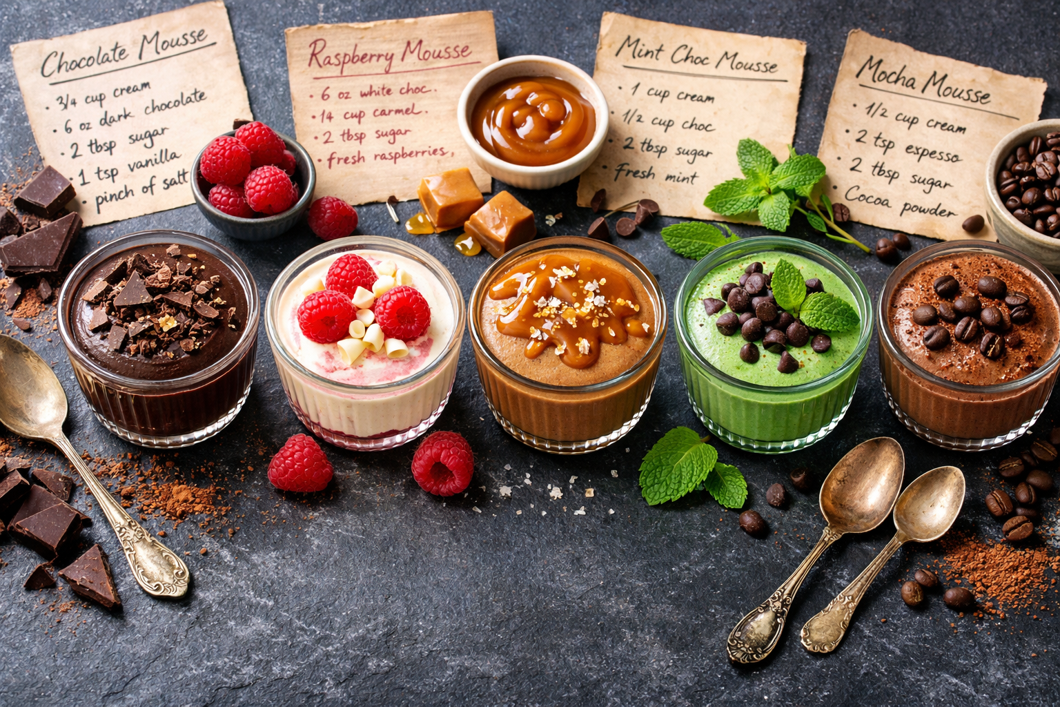 () vibrant overhead flat-lay composition showing five distinct chocolate mousse variations arranged in a row of elegant