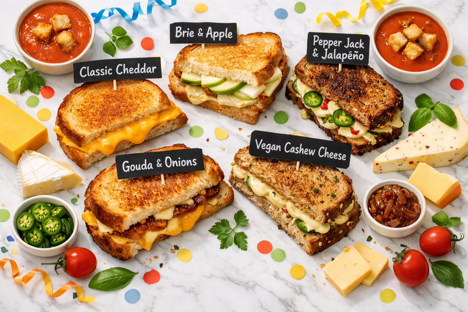 () vibrant overhead flat-lay food photography showing five distinct gourmet grilled cheese sandwich variations arranged in a