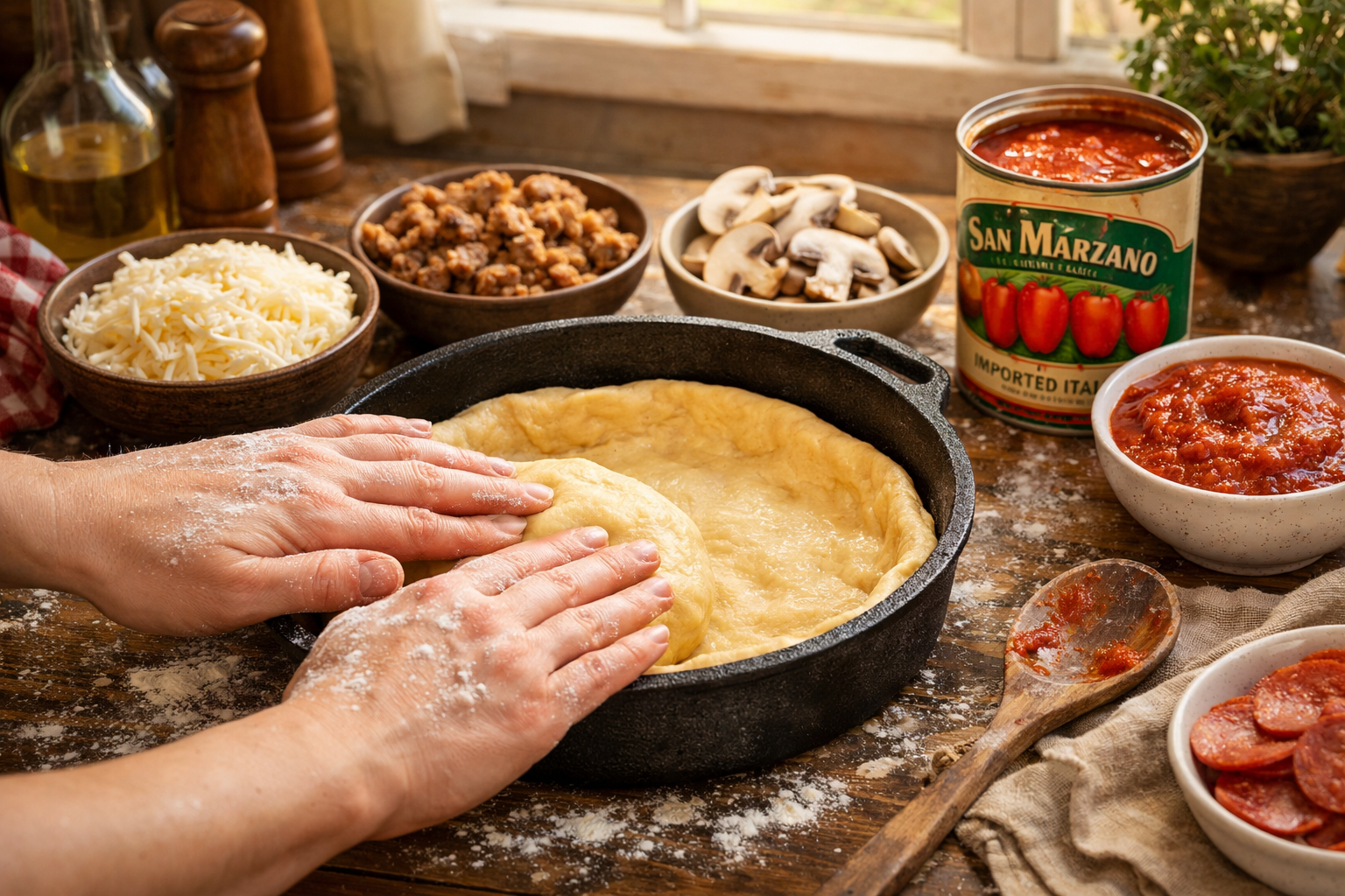 () vibrant scene of a home kitchen counter with a deep dish pizza baking setup: a seasoned cast iron deep dish pan, a ball