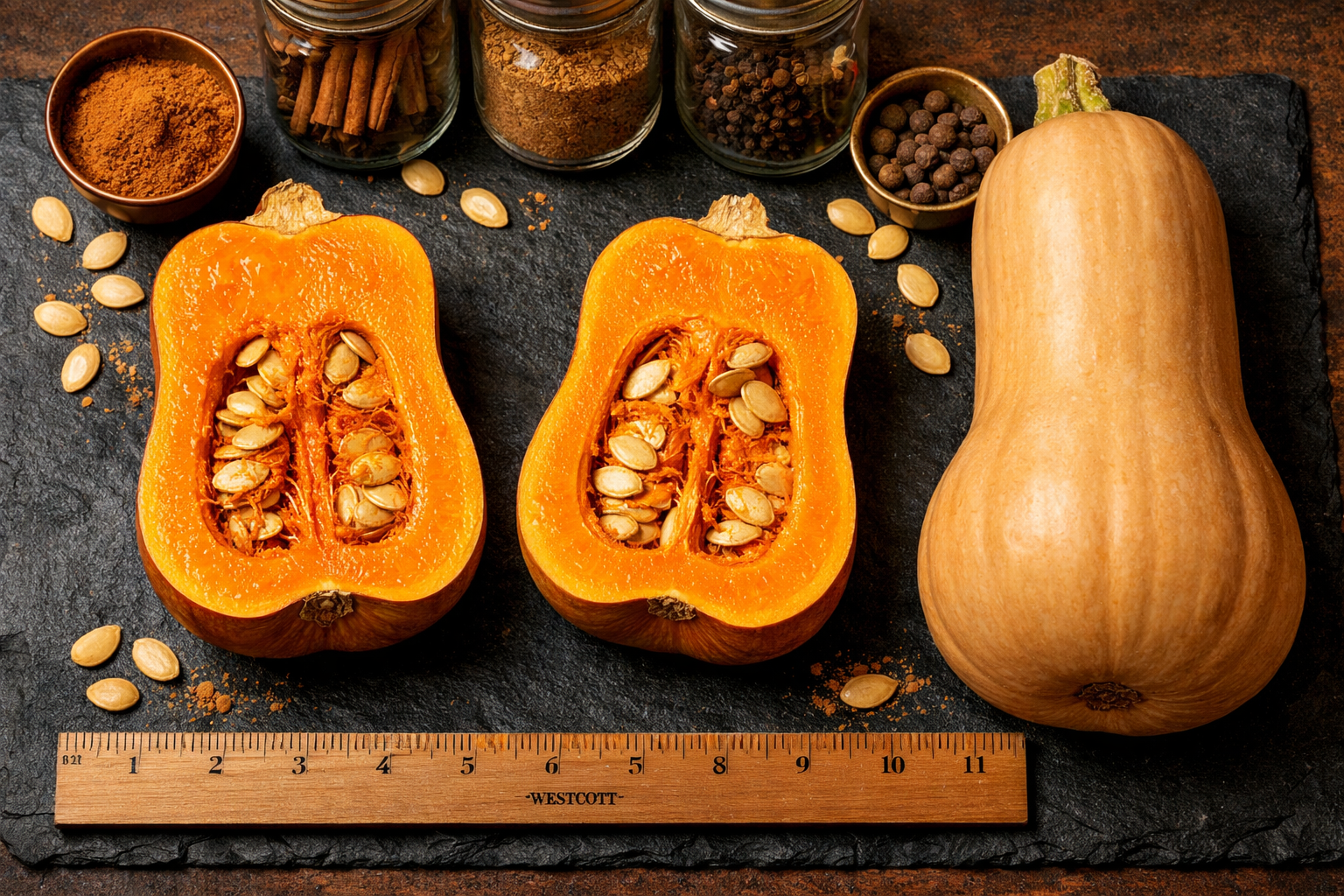 Close-up overhead flat-lay of two halved honeynut squash showing deep orange flesh interior with seeds, placed on a dark