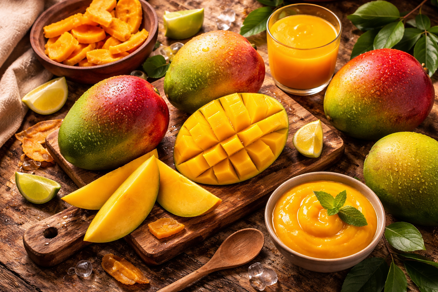 Detailed () close-up flat-lay photograph of fresh African mangoes (Kent and Keitt varieties) arranged on a rustic wooden