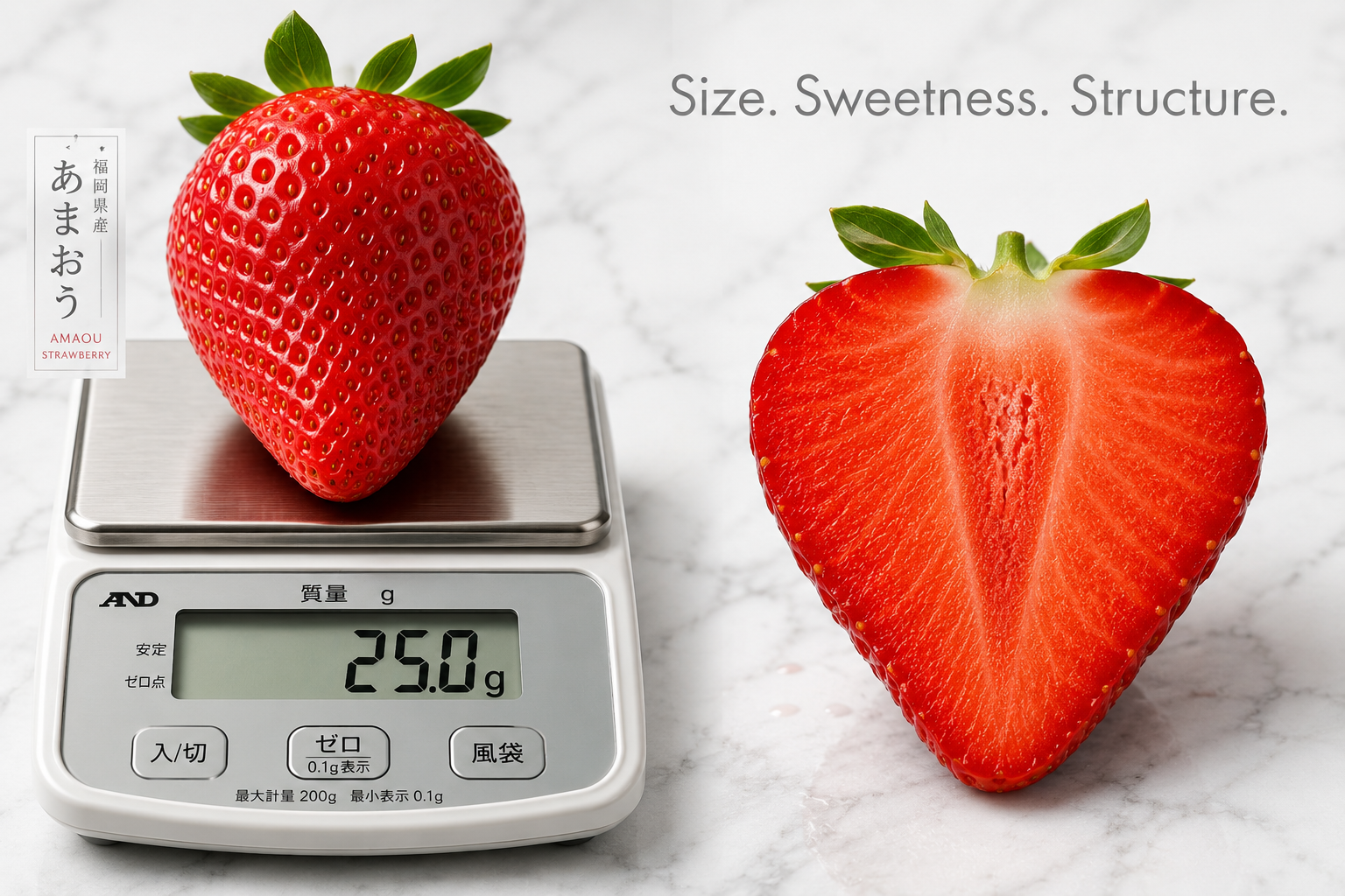 Detailed () editorial food photography showing a split-scene comparison: left side displays a single enormous Amaou