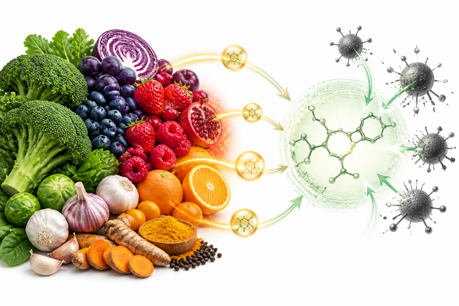 Detailed () editorial illustration showing a scientific cross-section concept: on the left, a colorful array of