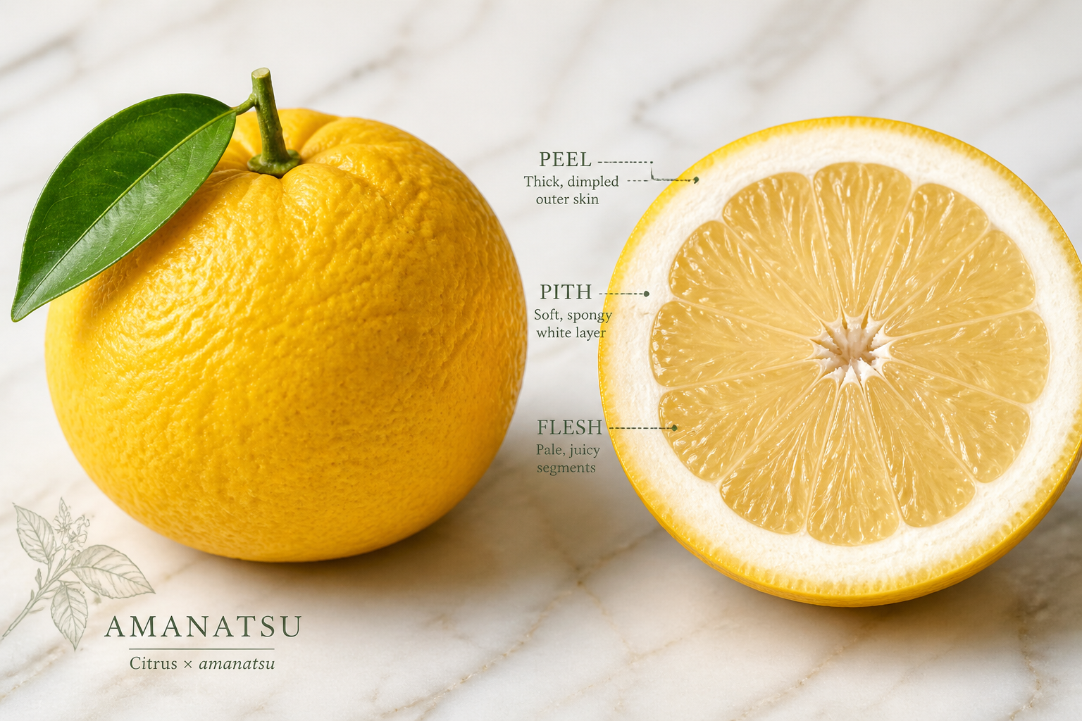 Detailed () editorial image showing a close-up split composition: left side displays a whole amanatsu orange with thick