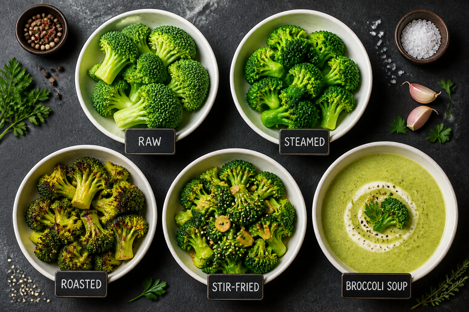 Detailed () overhead flat-lay food photography showing five distinct broccoli preparation methods arranged in separate white