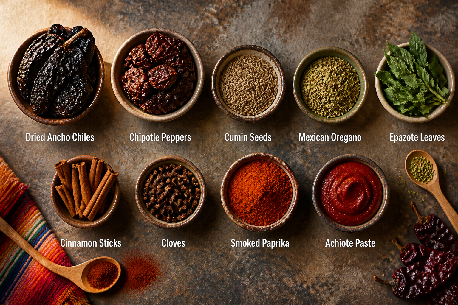 Detailed () overhead flat-lay photograph of a diverse collection of Mexican spices and herbs arranged in small ceramic bowls