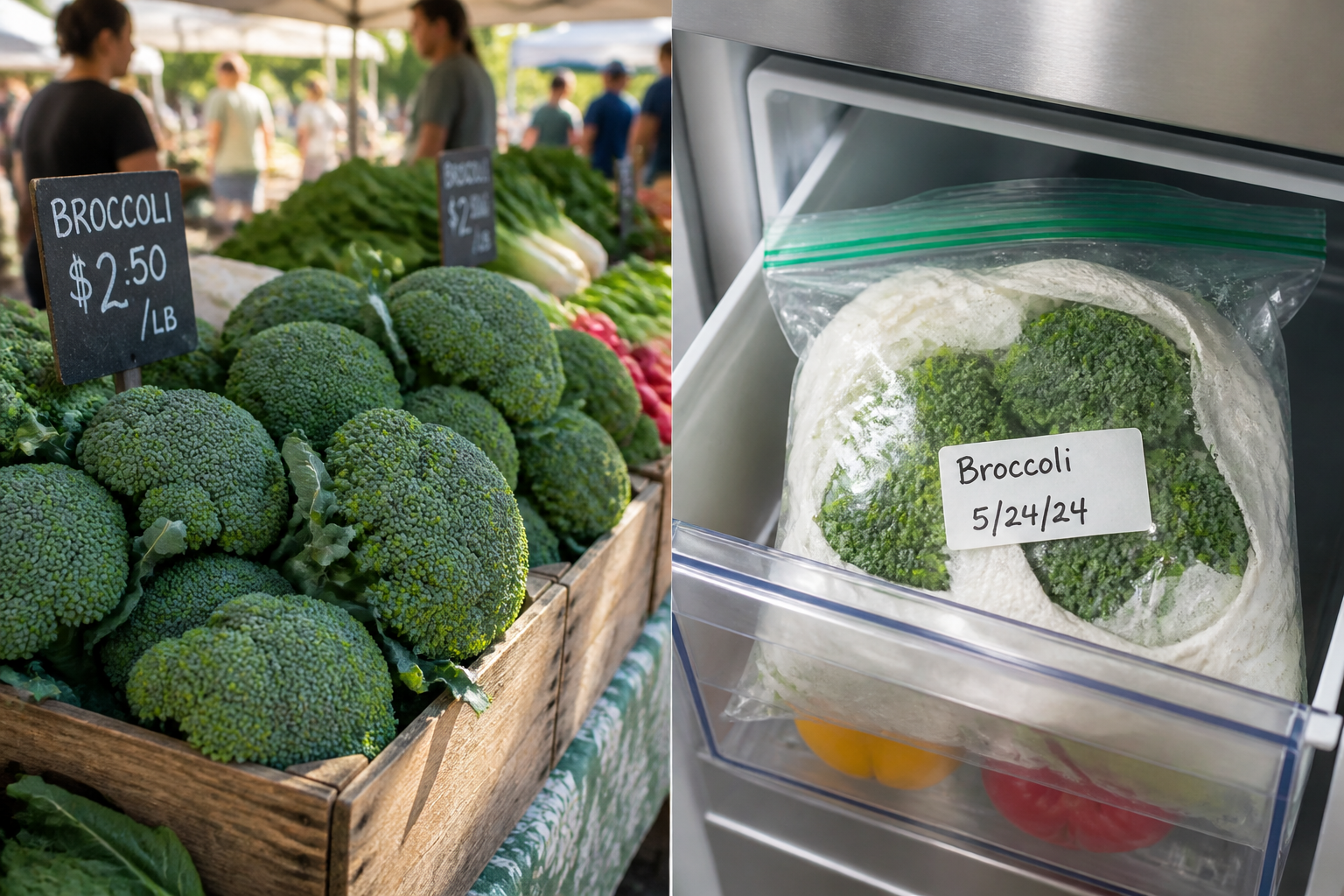 Detailed () split-composition image showing a vibrant farmers market scene on the left with fresh broccoli heads in wooden