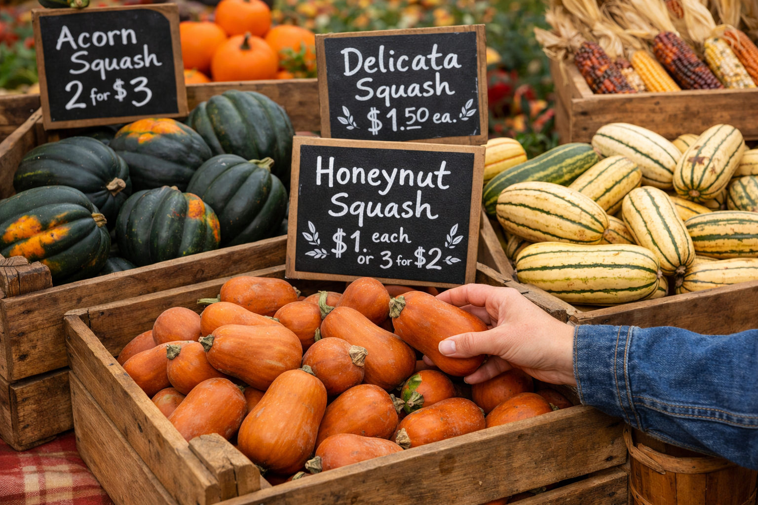 Farmers market display of honeynut squash in wooden crates with handwritten price signs, surrounded by other fall vegetables