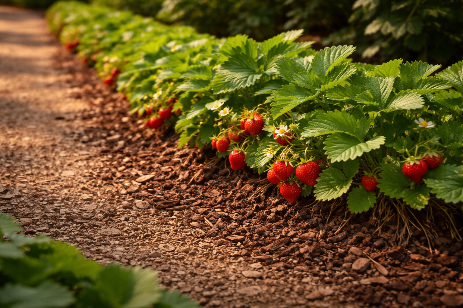 () detailed botanical illustration-style photograph showing alpine strawberry plants growing as neat ground cover edging