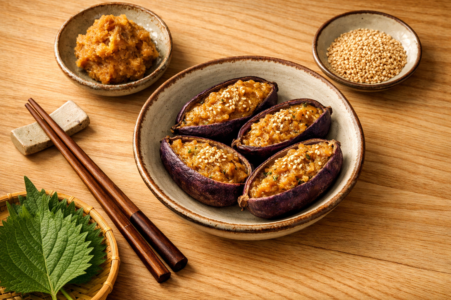 () editorial image showing a Japanese kitchen preparation scene: a ceramic bowl containing miso-stuffed akebi skin ready for