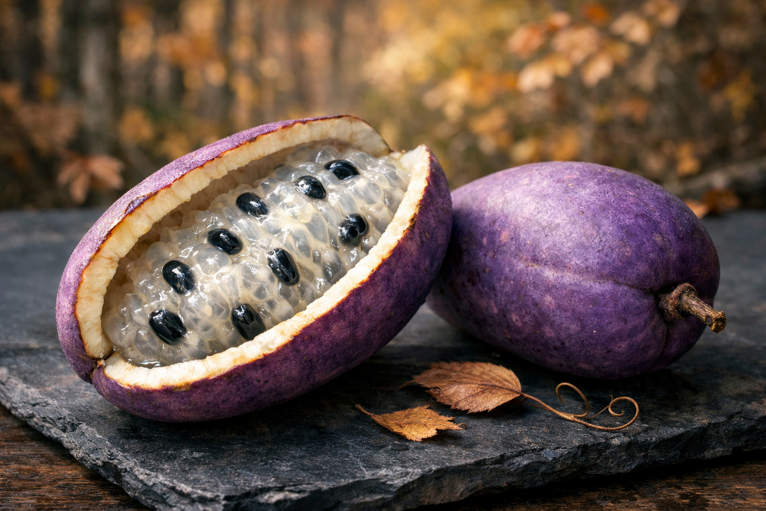 () editorial image showing a close-up split akebi fruit on a dark slate surface, the pale jelly-like interior glistening