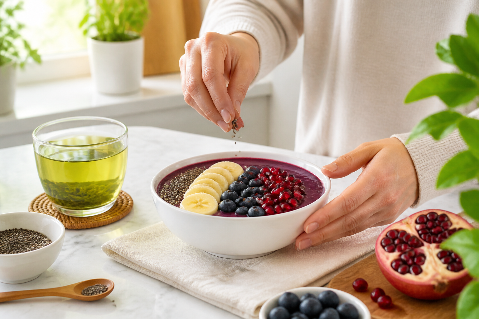 () lifestyle scene showing a person's hands (no face visible) preparing a vibrant anti-cancer smoothie bowl on a light