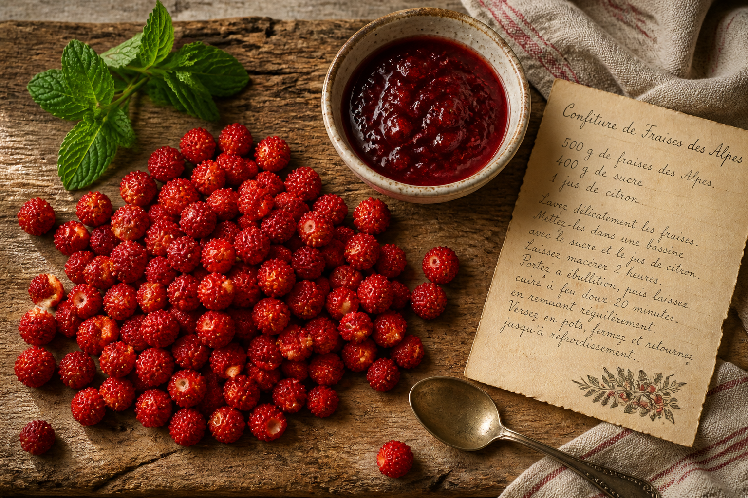 () overhead flat-lay composition showing freshly harvested alpine strawberries arranged on a rustic wooden board beside a