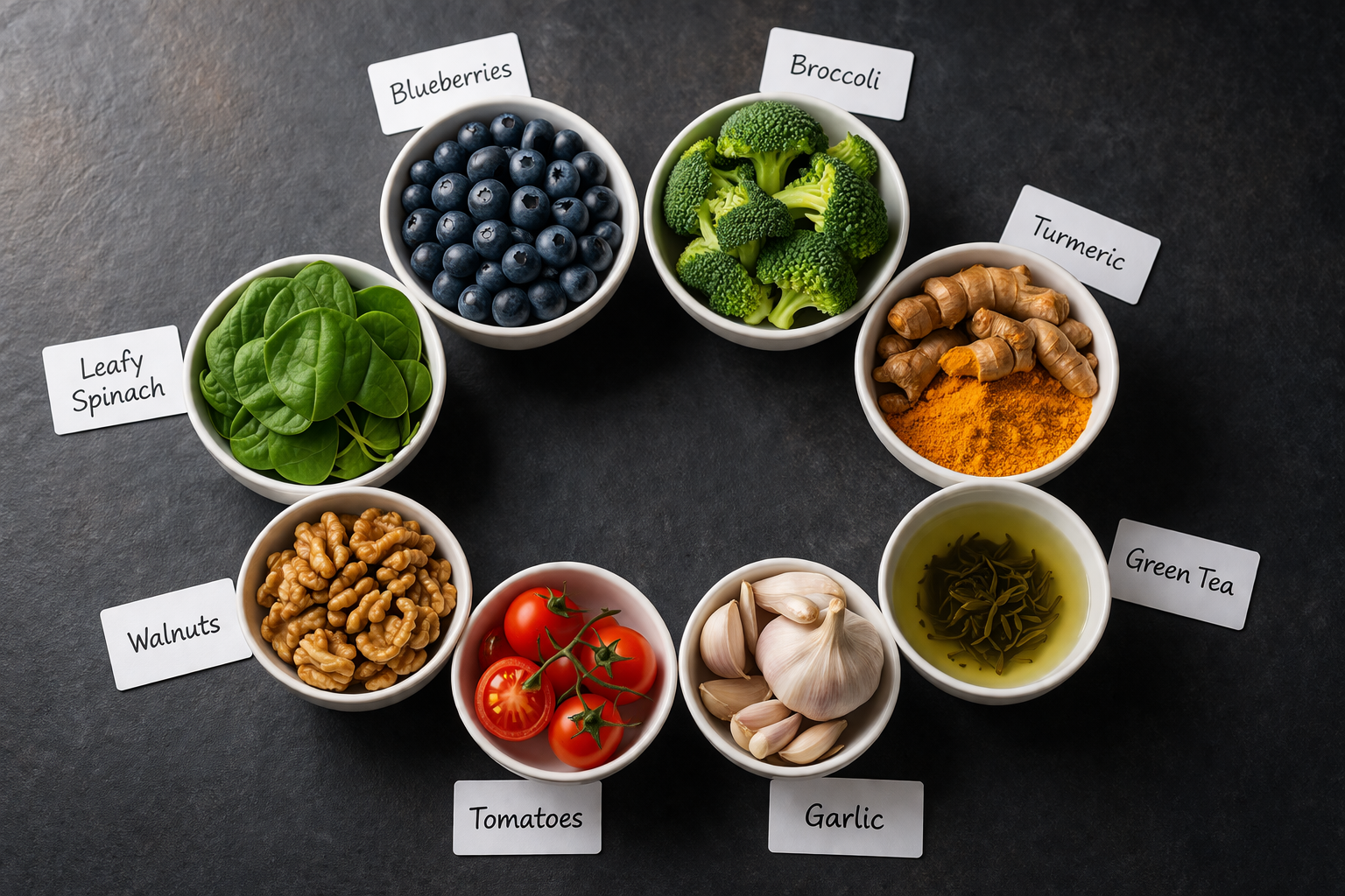 () overhead flat-lay food photography shot from directly above showing 8 distinct cancer-fighting superfoods in individual