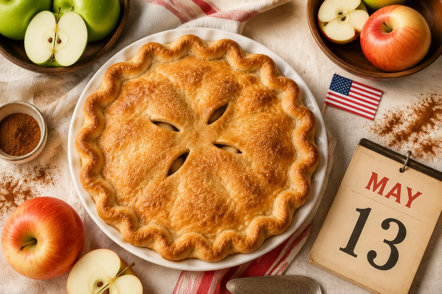 Bright editorial flat-lay photograph () shot from directly overhead: a classic American apple pie with a perfectly crimped
