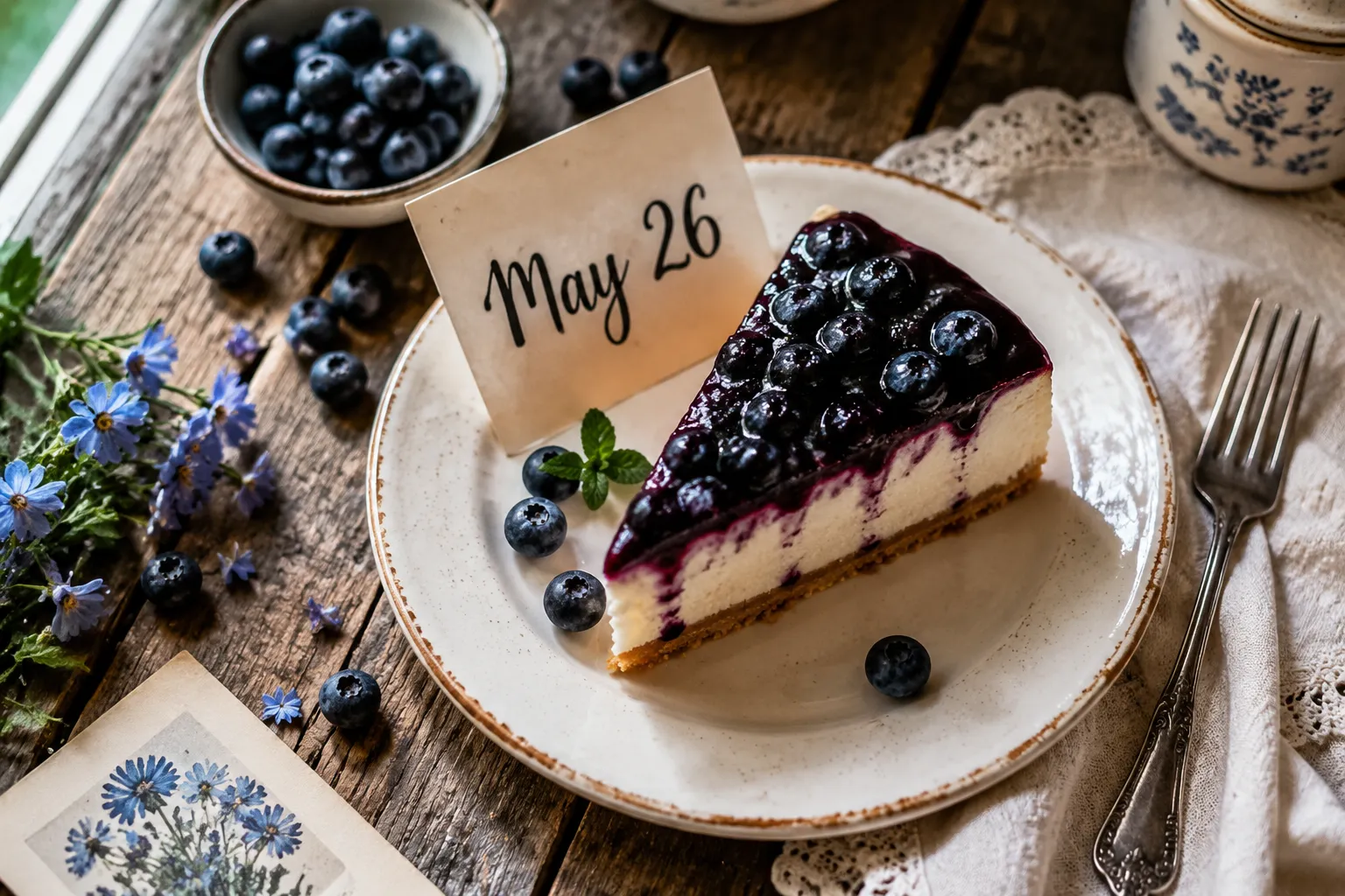 Bright editorial flat-lay photograph () shot from directly overhead, showing a rustic wooden table with a slice of blueberry