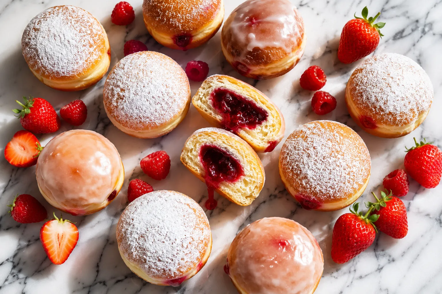 Bright editorial flat-lay () photographed from directly overhead in natural daylight: a dozen assorted jelly-filled