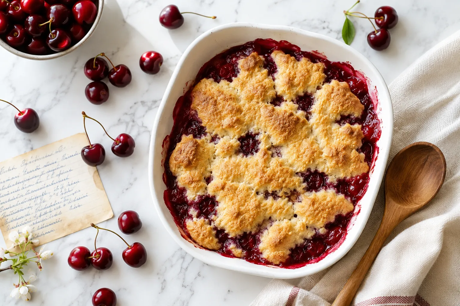 Bright editorial flat-lay photography (): overhead shot of a cherry cobbler in a white ceramic baking dish surrounded by