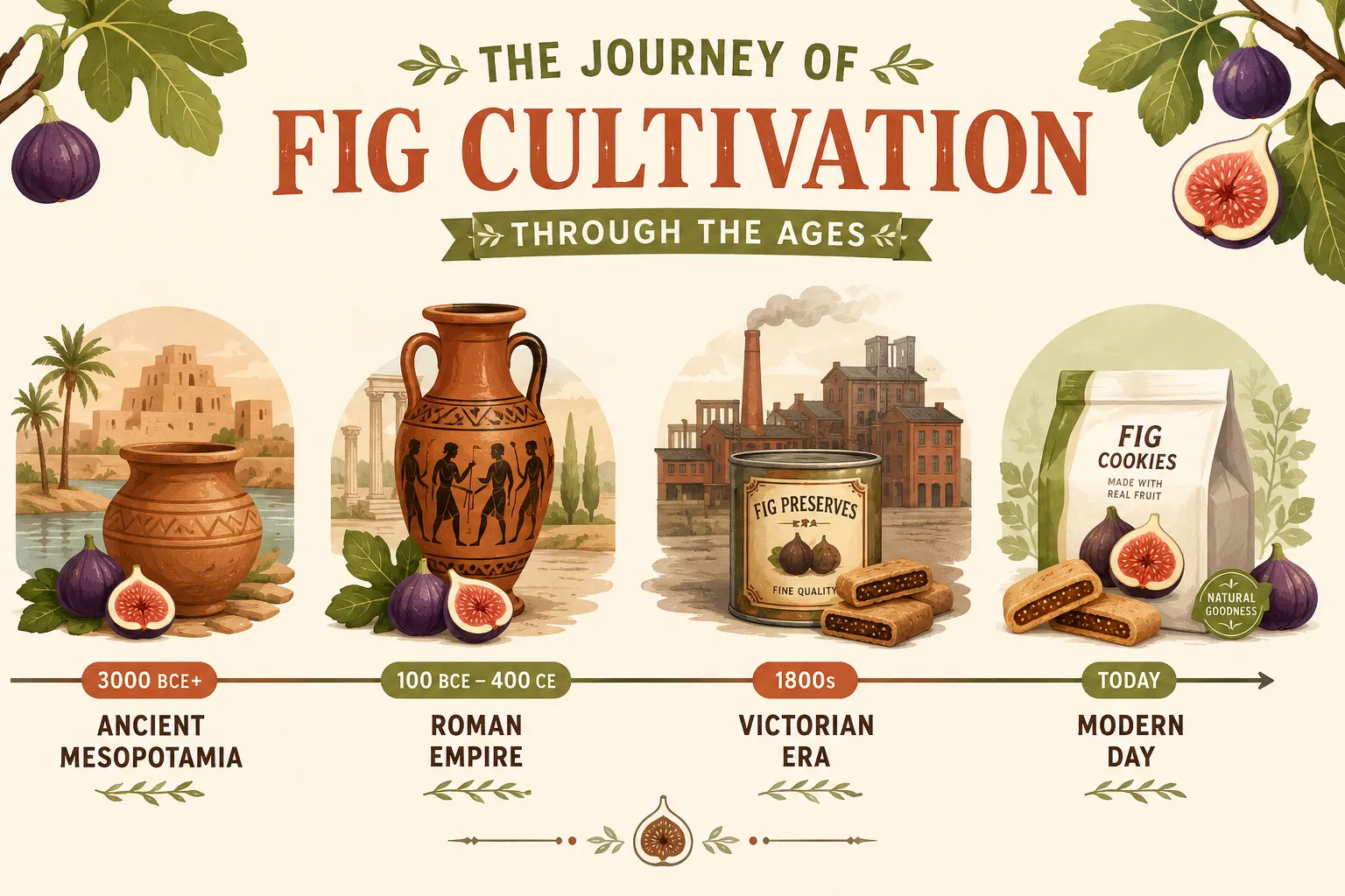 Bright editorial infographic illustration (): a colorful timeline banner showing fig cultivation history from ancient