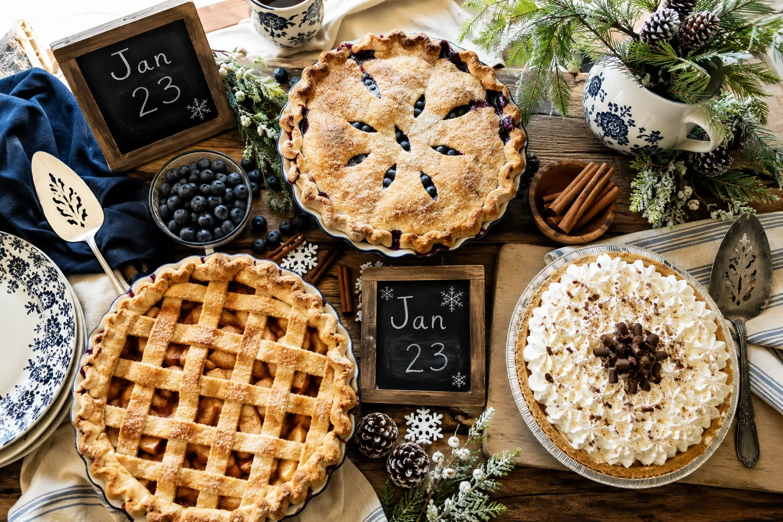 Bright editorial photograph, , overhead top-down shot of a festive January pie celebration spread on a farmhouse table: