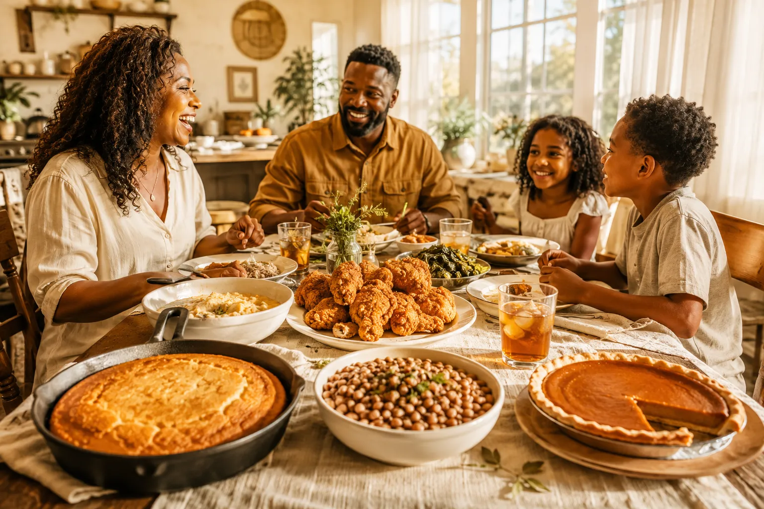 Editorial () bright natural-light food photography: a long farmhouse table in a sun-drenched southern kitchen loaded with