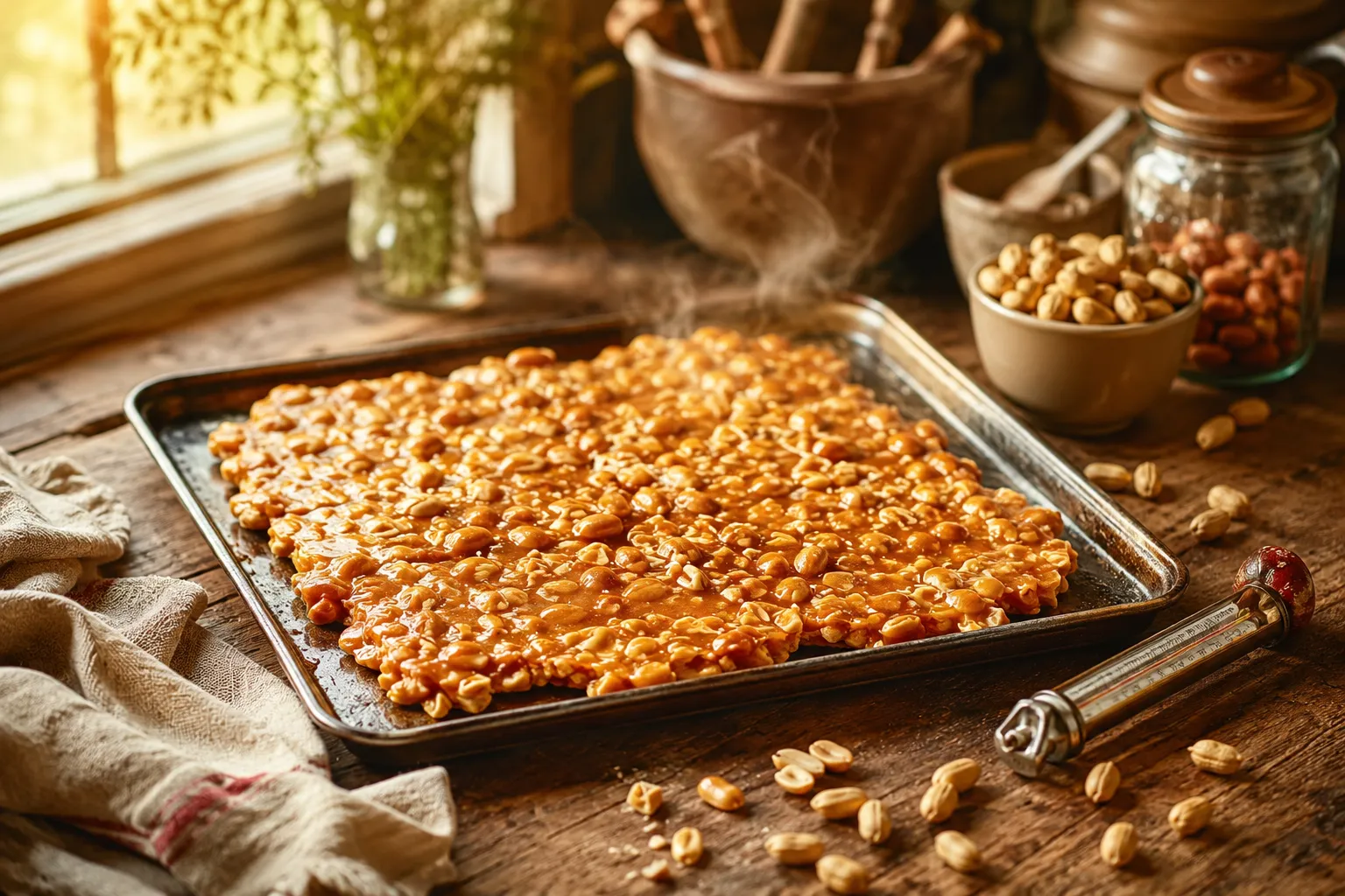 Editorial () bright natural-light food photography: a rustic wooden kitchen table with a batch of freshly made peanut