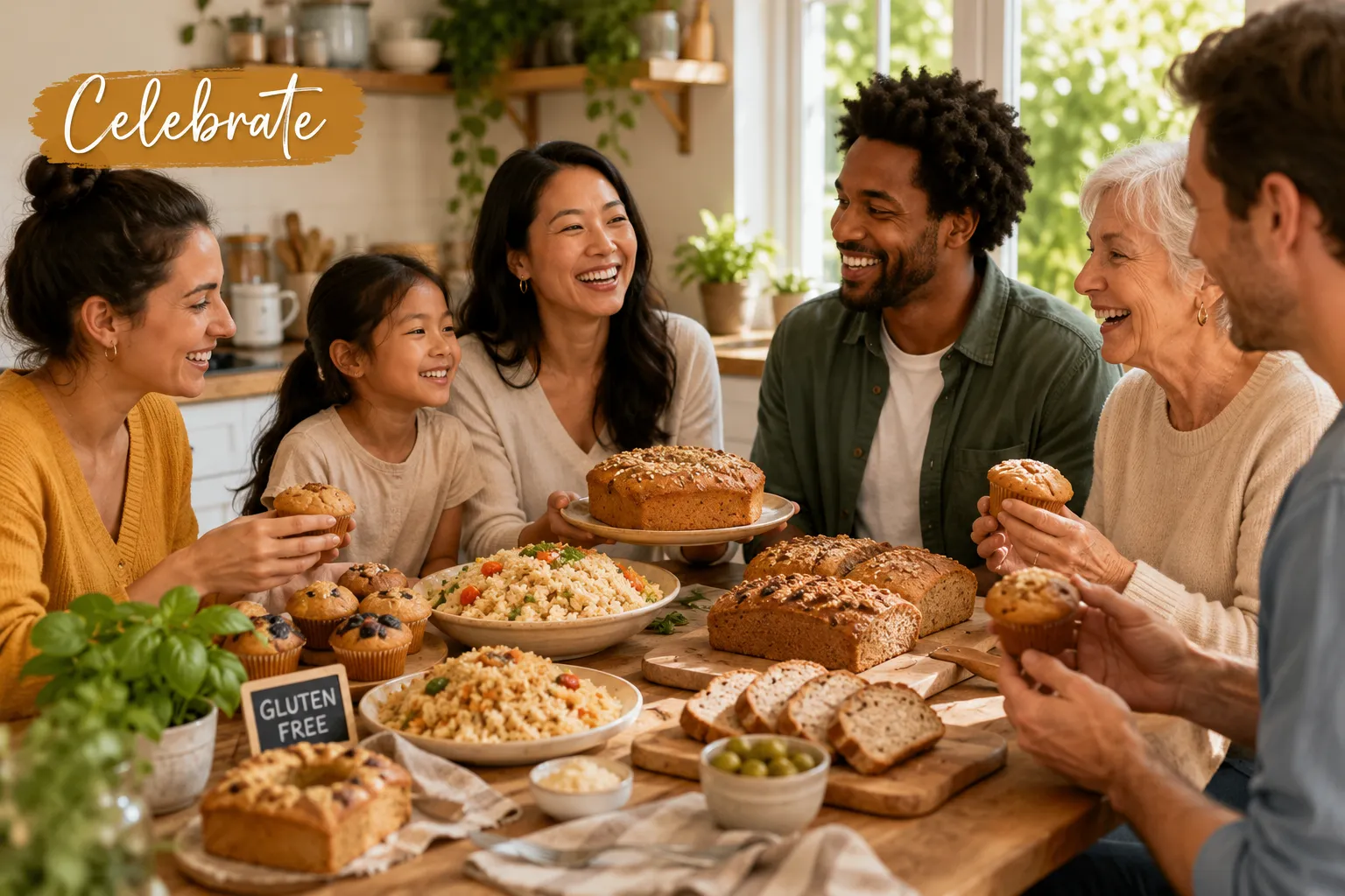 Editorial () bright natural-light photograph of a diverse group of people gathered around a kitchen table celebrating with