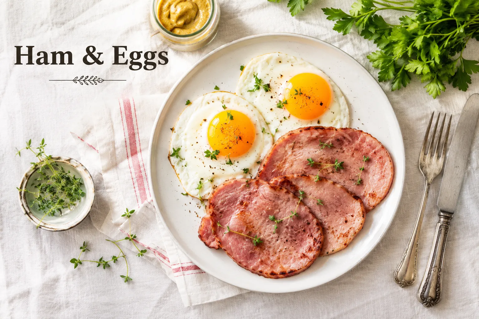 Editorial () flat-lay food photography from directly overhead: a white ceramic plate with perfectly cooked sunny-side-up