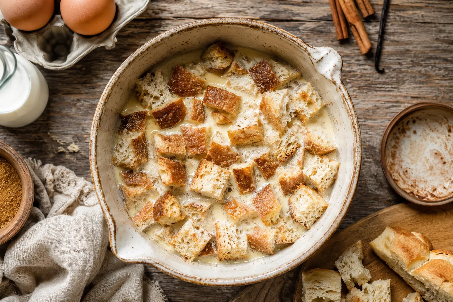 Editorial flat-lay landscape photograph () of a rustic kitchen scene showing stale bread cubes soaking in a custard mixture