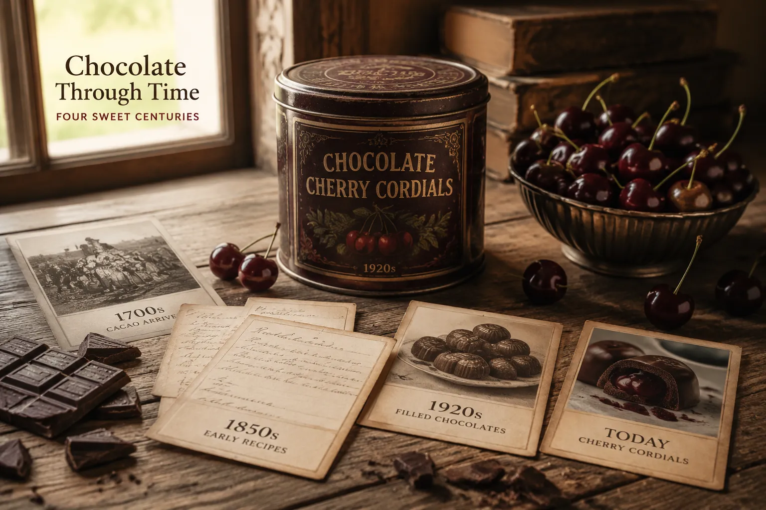 Editorial landscape photograph () of a rustic wooden table displaying a timeline of chocolate confectionery history —