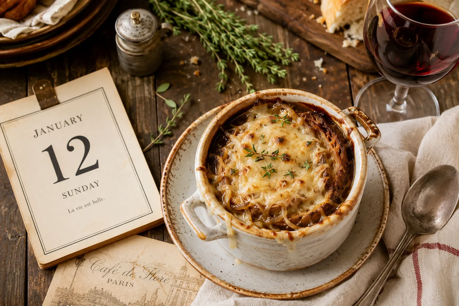 Editorial () showing a warm overhead flat-lay of a rustic French bistro table: a ceramic crock of French onion soup with